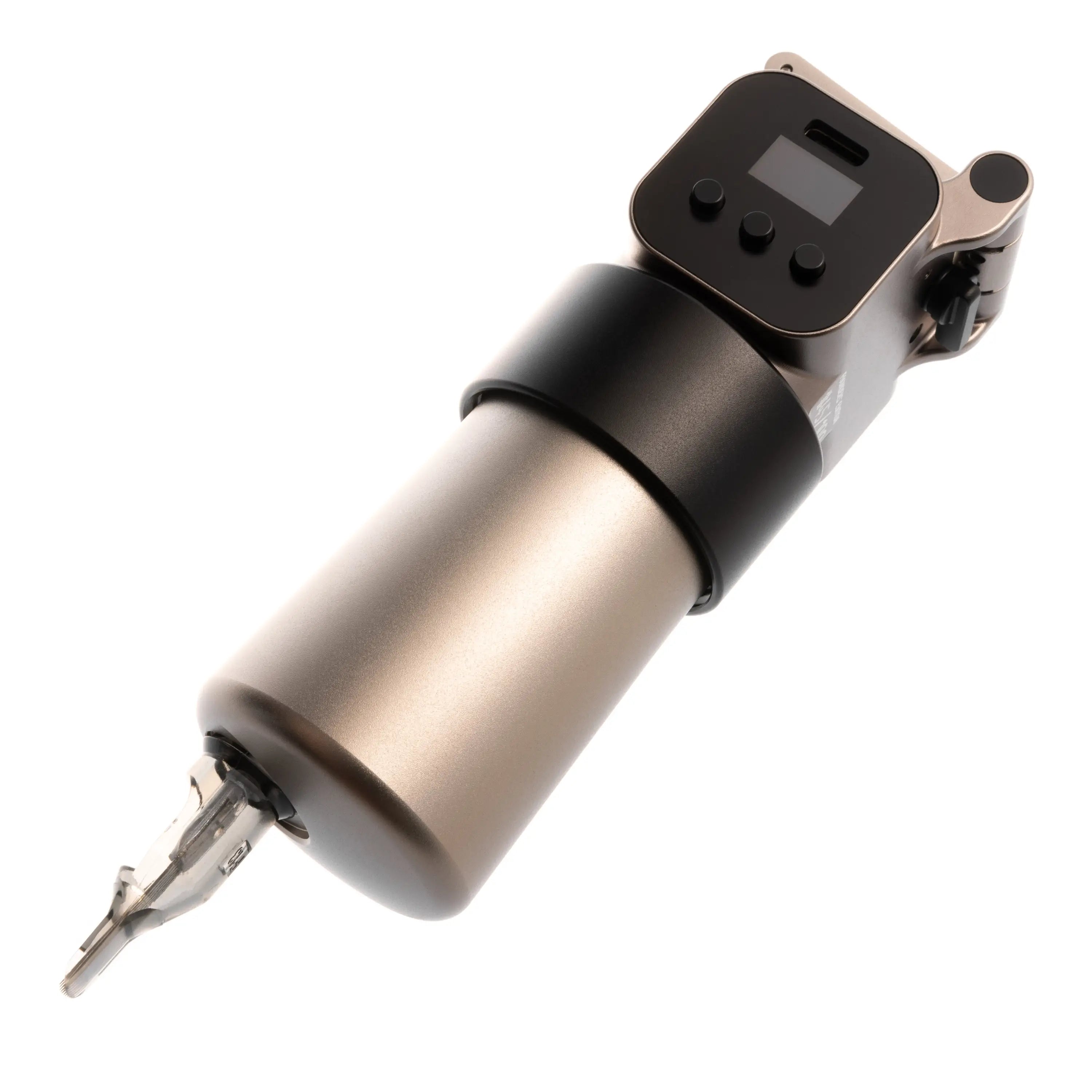 Silberfarbene elektrische Tätowiermaschine VLAD BLAD Ultron 4 Pro Morning Champagne mit schwarzem digitalem Bedienfeld und ergonomischem Griff