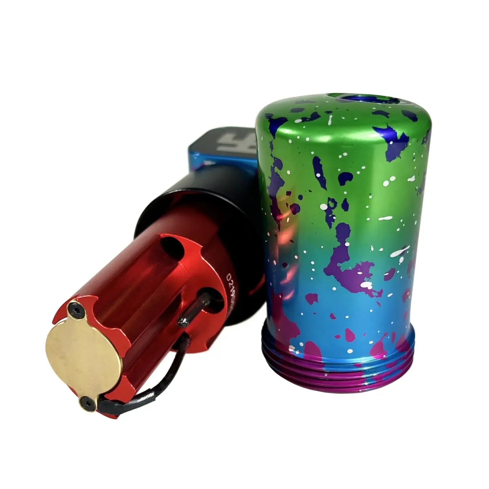 VLAD BLAD Ultron 4 Pro Toxic Camo, lebhaft gesprenkelter zylindrischer Vape-Mod in schillernden grünen, blauen und violetten Akzenten