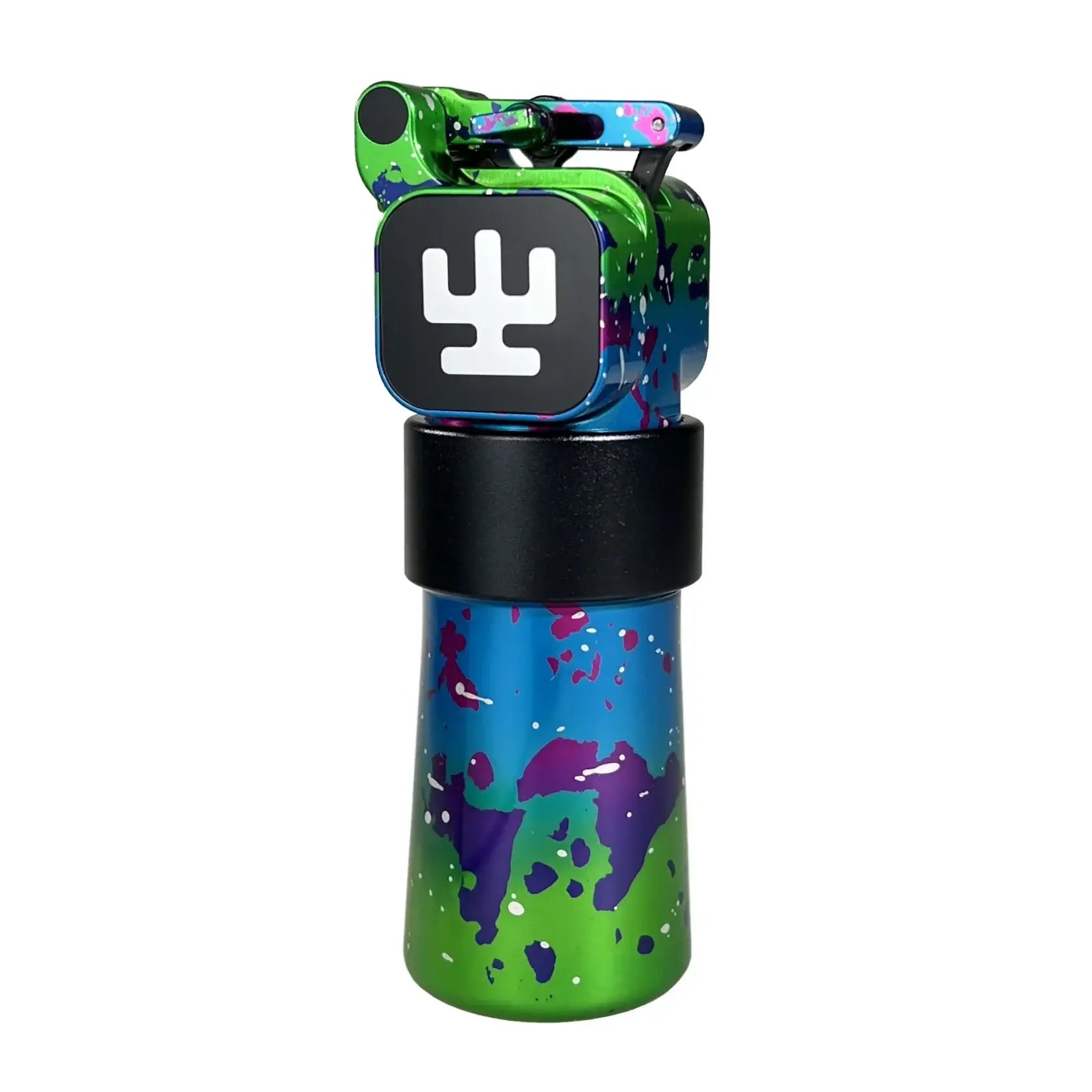 Lebendig gesprenkelte VLAD BLAD Ultron 4 Pro Trinkflasche mit schwarzem Deckel und grün-blau-violettem Farbverlauf-Finish
