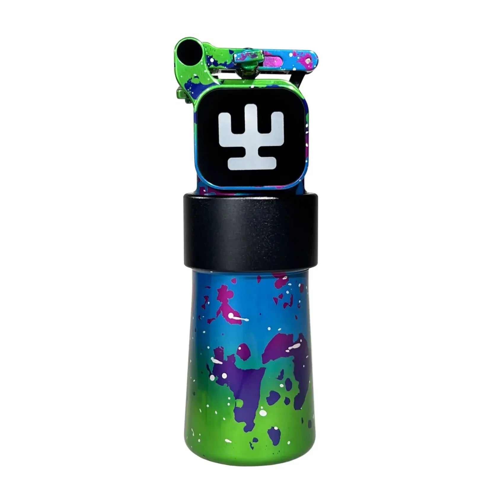Eine lebhaft spritzlackierte VLAD BLAD Ultron 4 Pro Trinkflasche mit schwarzem Deckel und farbenfrohem Splatoon-3-Düsen-Tarnmuster