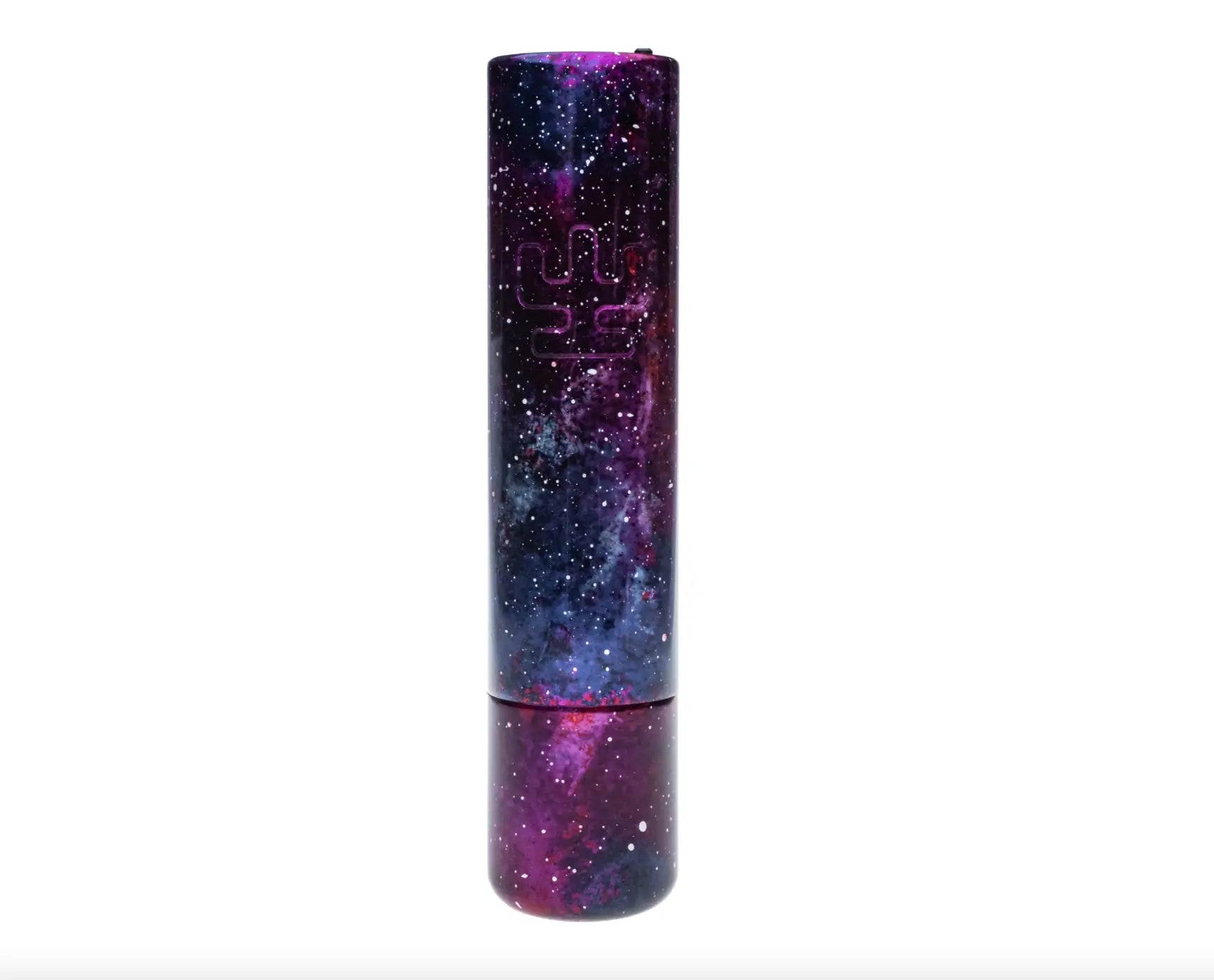 A sleek cylindrical vape pen vlad blad ultron 4 space with a cosmic galaxy design in purples and blues with stars