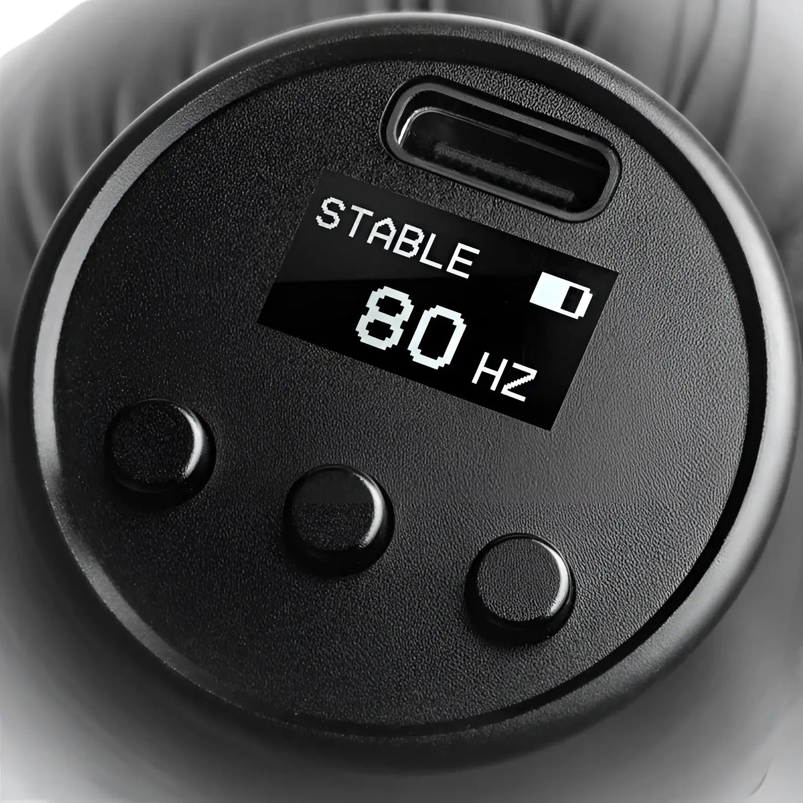Schwarzes rundes VLAD BLAD Ultron-4-Space-Gerät mit Digitalanzeige, die stabile 80 Hz und drei taktile Tasten zeigt