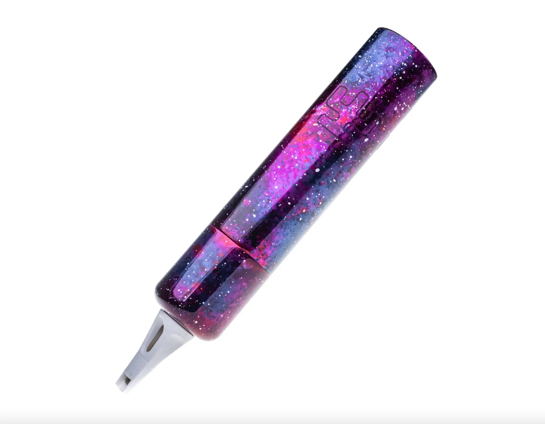 A sleek VLAD BLAD Ultron 4 Space pen with a translucent galaxy body in purple and pink hues with glittery stars