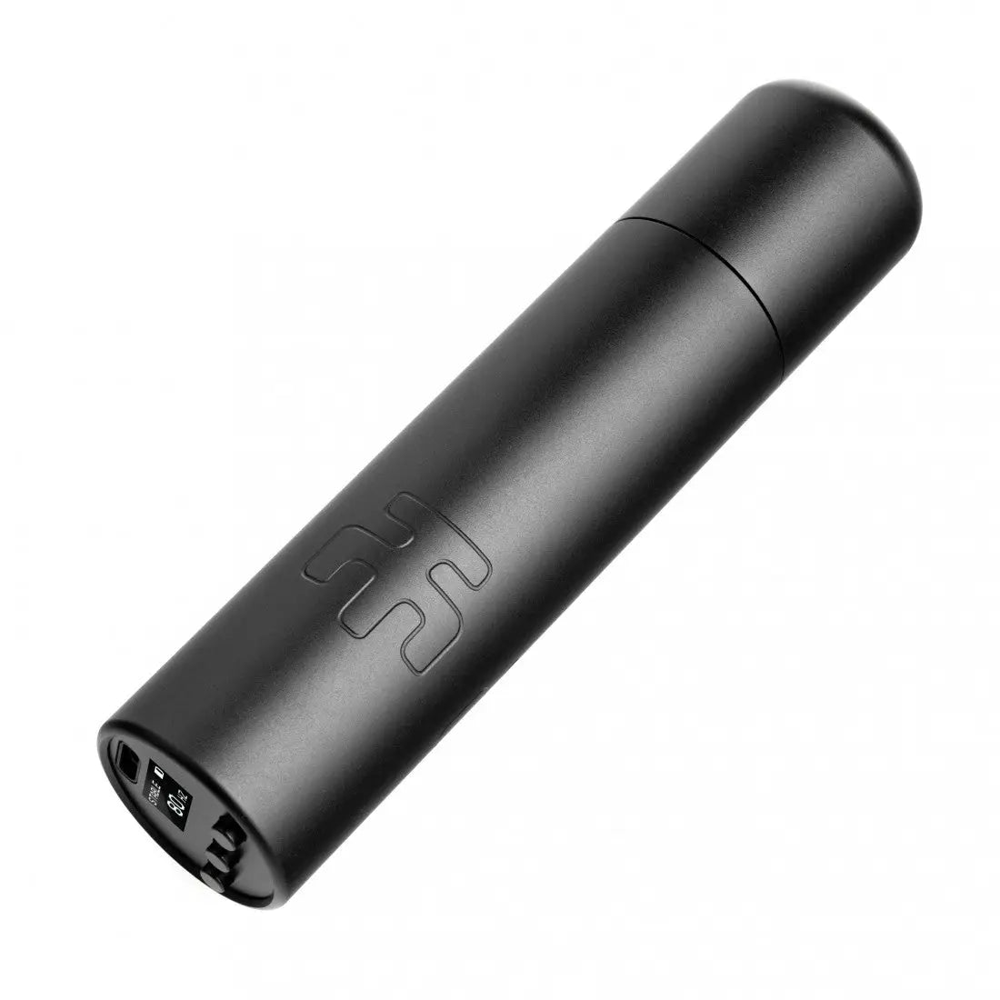 Black cylindrical portable charger vlad blad ultron 4 with matte finish and embossed logo on the side