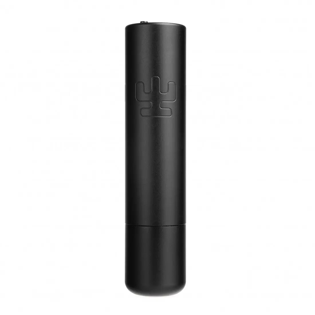 Black cylindrical portable charger vlad blad ultron 4 with minimalist embossed logo on its surface