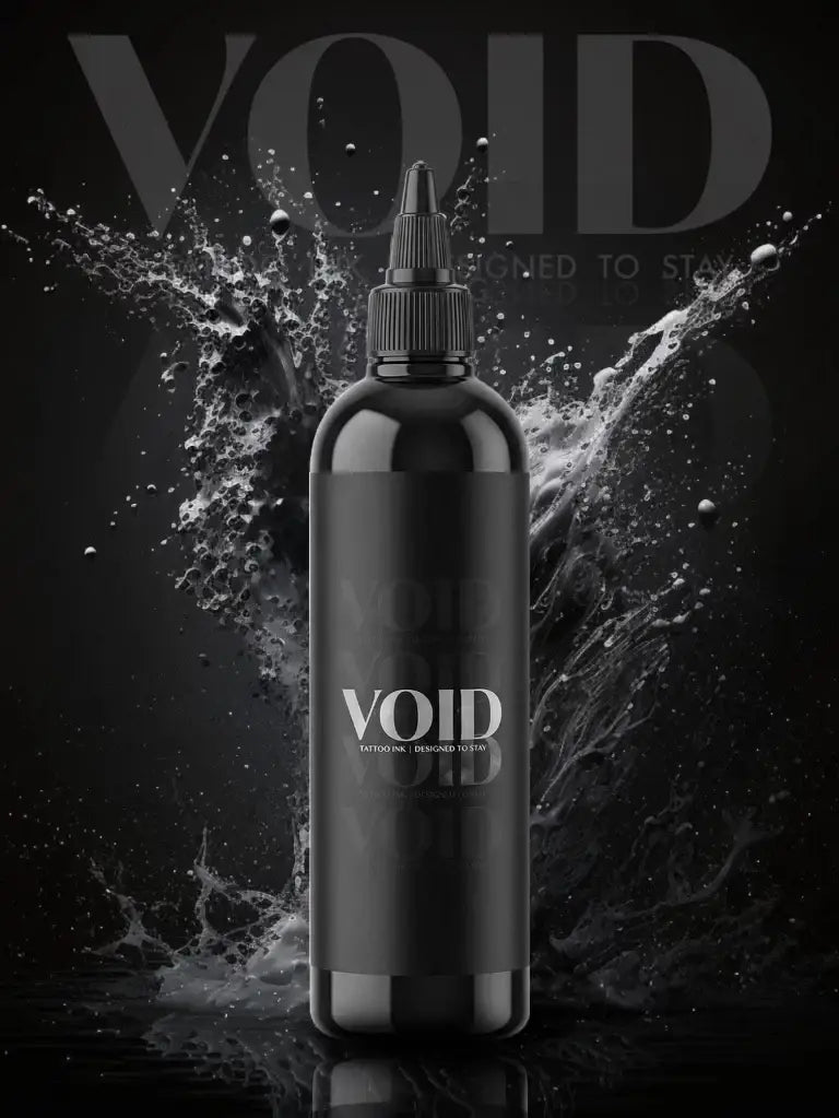 Schwarze, glänzende Plastikflasche mit Void-Farben für Tattoos, entwickelt, um die Pigmentstruktur für schwarze Tattoofarben zu erhalten, 200 ml