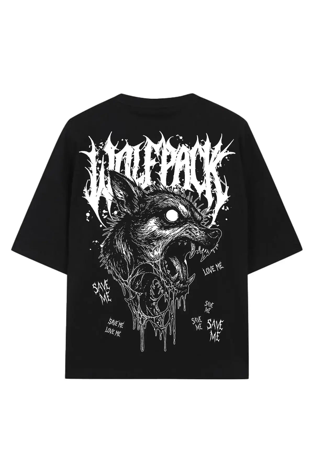 Black oversized unisex t-shirt featuring a bold white snarling wolf graphic with dripping effects and wolfpack lettering