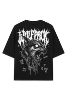 Black oversized unisex t-shirt featuring a bold white snarling wolf graphic with dripping effects and wolfpack lettering
