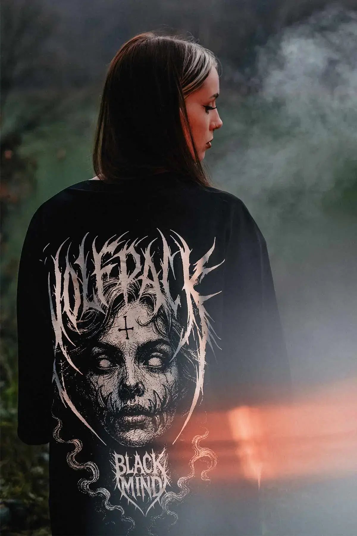 Black long-sleeved oversized tee with white gothic wolfpack and black mind graphic unisex shirt