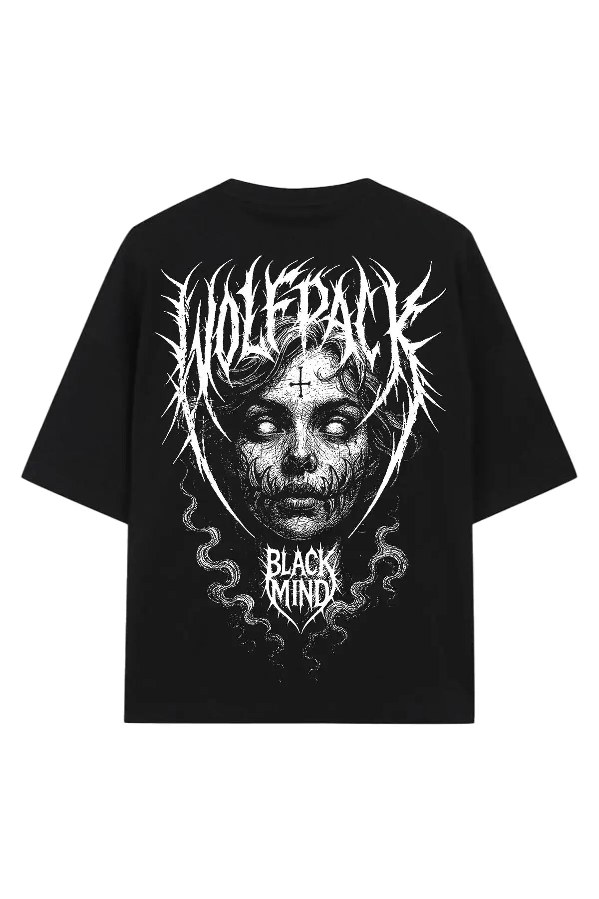 Black short sleeved oversized wolfpack black ritual tee with white stylized face graphic and text unisex shirt