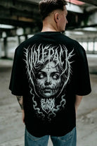 Black ritual oversized unisex tee in black with white wolfpack black mind graphic and stylized face design