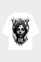 White oversized unisex tee featuring black ritual wolfpack graphic with thorny vines and text on front