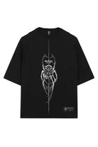 Black oversized tee unisex with bold white line-art spider and wolfpack text above perfect for casual wear