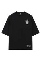 Black oversized tee unisex wolfpack hannya with white chest graphic and small rectangular label bottom right wears size