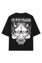 Black oversized tee unisex featuring a white ornate horned demon mask graphic with stylized japanese text WOLFPACK HANNYA