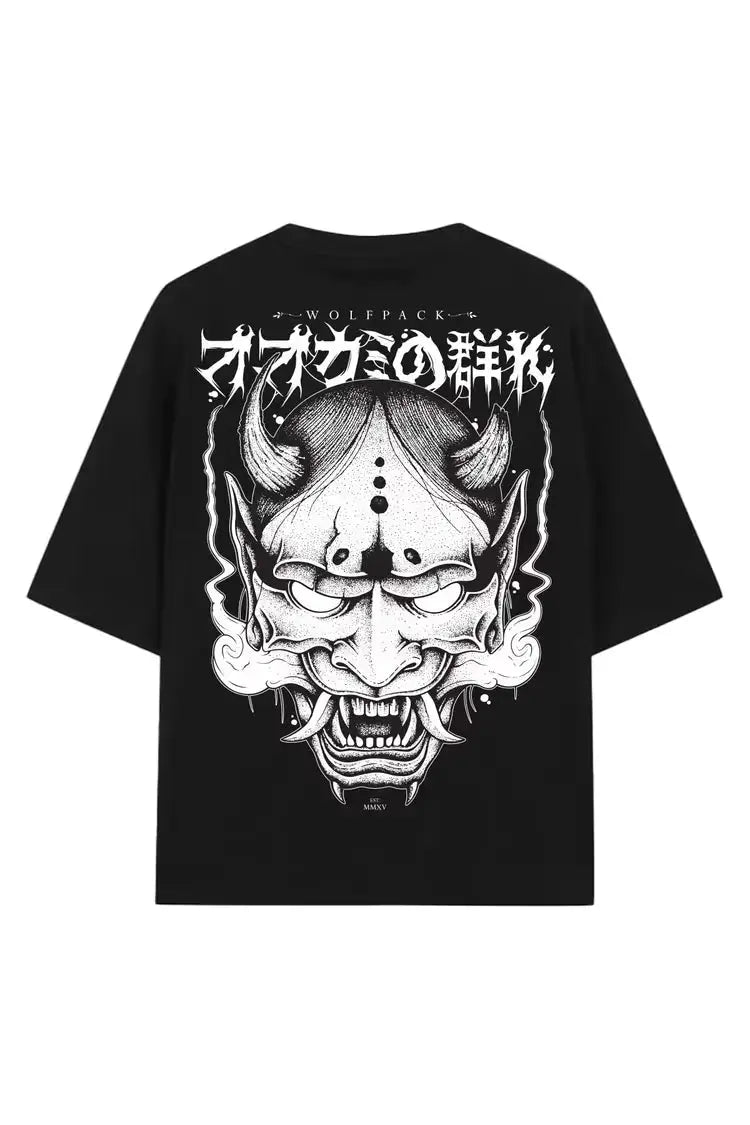 Black oversized tee unisex featuring a white ornate horned demon mask graphic with stylized japanese text WOLFPACK HANNYA