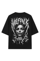 Black oversized unisex short-sleeved t-shirt with white wolfpack and black mind stylized face graphic called hell within