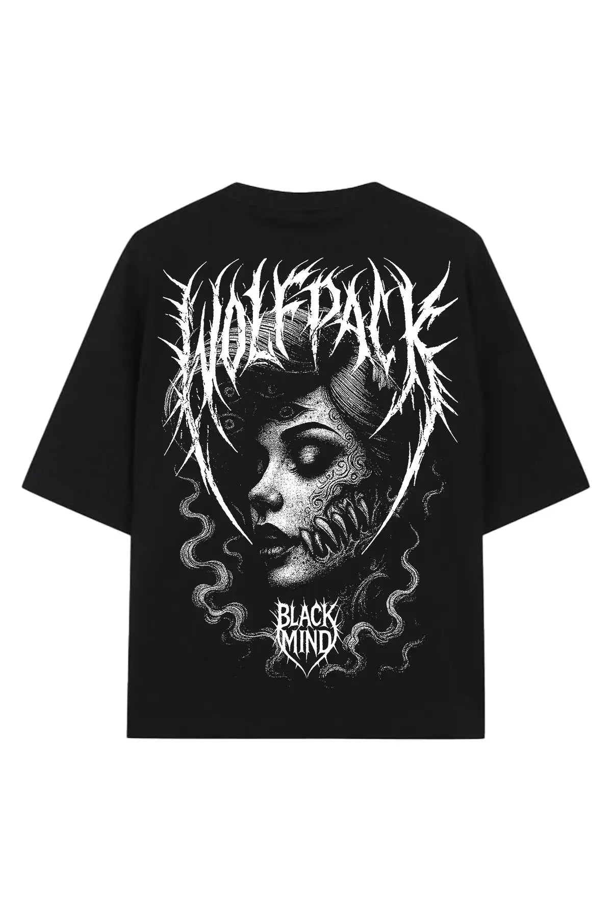 Black short-sleeved unisex t-shirt featuring a detailed white stylized face graphic and wolfpack black mind text