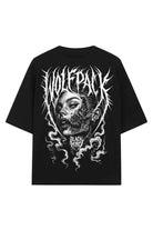 Schwarzes Oversized-T-Shirt mit kurzen Ärmeln, auffälligem weißen wolfpack-Print und schwarzem „mind“-Text, Unisex-Toxic-Faith-Design