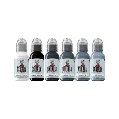 Set of six 30ml world famous limitless tattoo ink bottles in pastel grey shades including white and black for tattooing