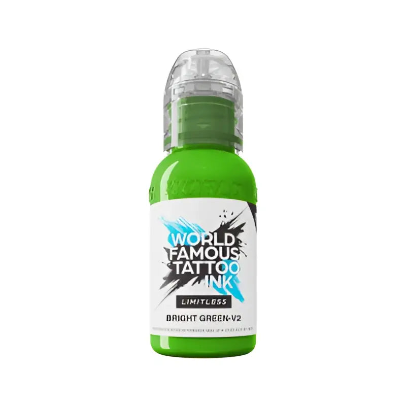 Leuchtend grüne world famous grenzenlose Tattoo-Farben-Flasche 30ml mit transparenter Kunststoffkappe und schwarz-weißem Etikett
