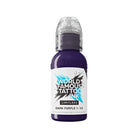 Dark purple tattoo ink bottle with clear plastic cap and white label featuring blue and black text world famous limitless 30ml