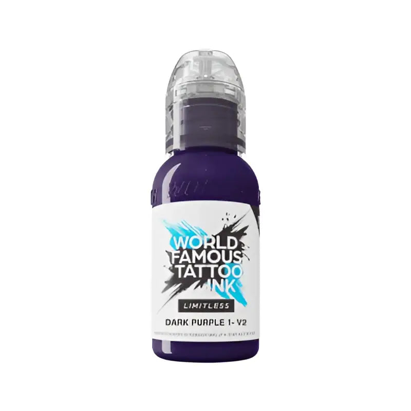 Dark purple tattoo ink bottle with clear plastic cap and white label featuring blue and black text world famous limitless 30ml