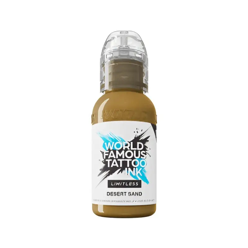 Eine kleine 30ml-Flasche world famous limitless Tattoo-Farben in Wüstensand mit transparentem Kunststoffdeckel und auffälligem Etikett