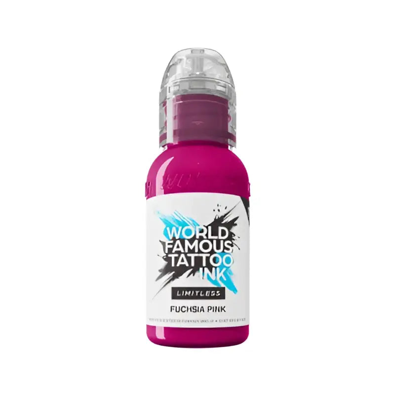 Fuchsia-pinke world famous grenzenlose Tattoo-Farben-Flasche mit transparentem Kunststoffdeckel und weißem Etikett für Drachen-Set, 30 ml