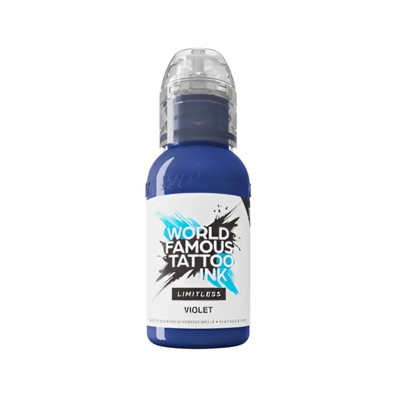 Eine elegante kobaltblaue Flasche world famous grenzenloser Tattoo-Farben in Violett, 30 ml für den professionellen Einsatz