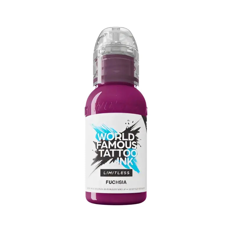 Eine leuchtende fuchsiafarbene 30ml-Flasche world famous grenzenloser Tattoo-Farben mit klarer runder Kappe und kräftigem schwarzem Etiketttext