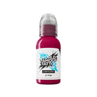 Eine leuchtend magentafarbene world famous limitless Tätowier-Farben-Flasche mit weißem Etikett und fetter schwarzer Schrift im JF-Pinkton