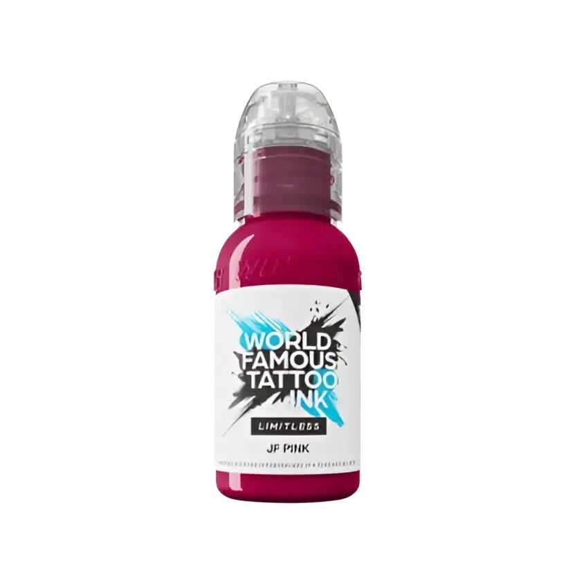 Eine leuchtend magentafarbene world famous limitless Tätowier-Farben-Flasche mit weißem Etikett und fetter schwarzer Schrift im JF-Pinkton