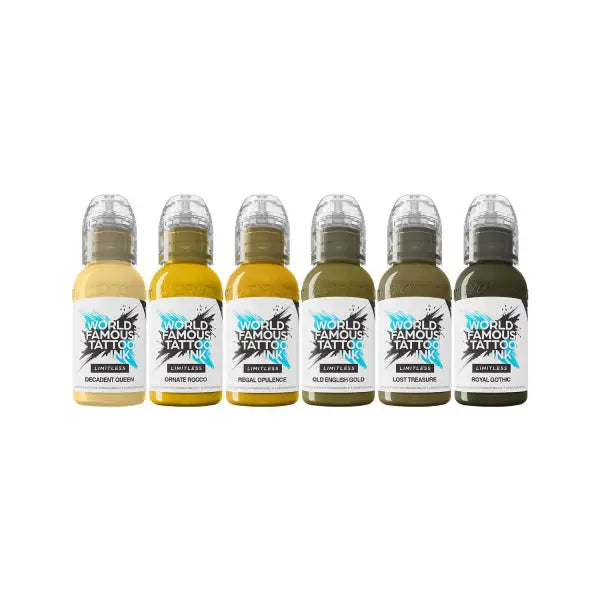 Six bottles of world famous limitless tattoo ink in beige yellow and olive green from jenna kerr baroque set 6 x 30 ml