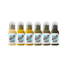 Sechs Flaschen world famous grenzenlose Tattoo-Farben in Beige, Gelb und Olivgrün aus dem Jenna Kerr Baroque Set 6 x 30 ml