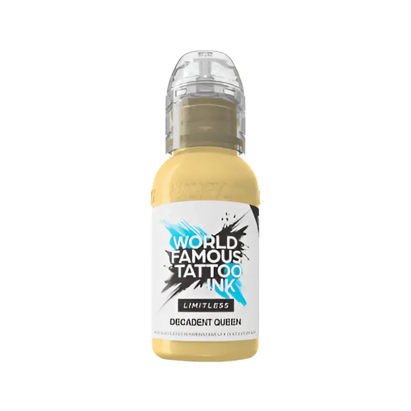 Eine elegante transparente Flasche mit leuchtend gelben world famous Tattoo-Farben von limitless, beschriftet mit decadent queen, 30 ml