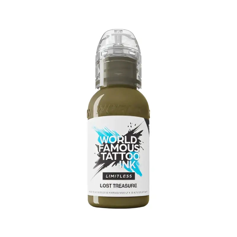 Eine kleine olivgrüne World Famous Limitless Tattoo-Farben-Flasche mit transparentem Deckel und weißem Etikett für den Tattoo-Einsatz