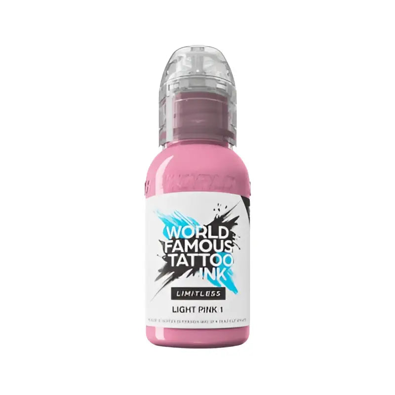 Eine Flasche world famous limitless Tattoo-Farben in Hellrosa mit transparentem Deckel und schwarz-blauem Etikett, 30ml