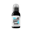A sleek black bottle of World Famous tattoo ink in obsidian black with a clear cap and bold white and blue labeling