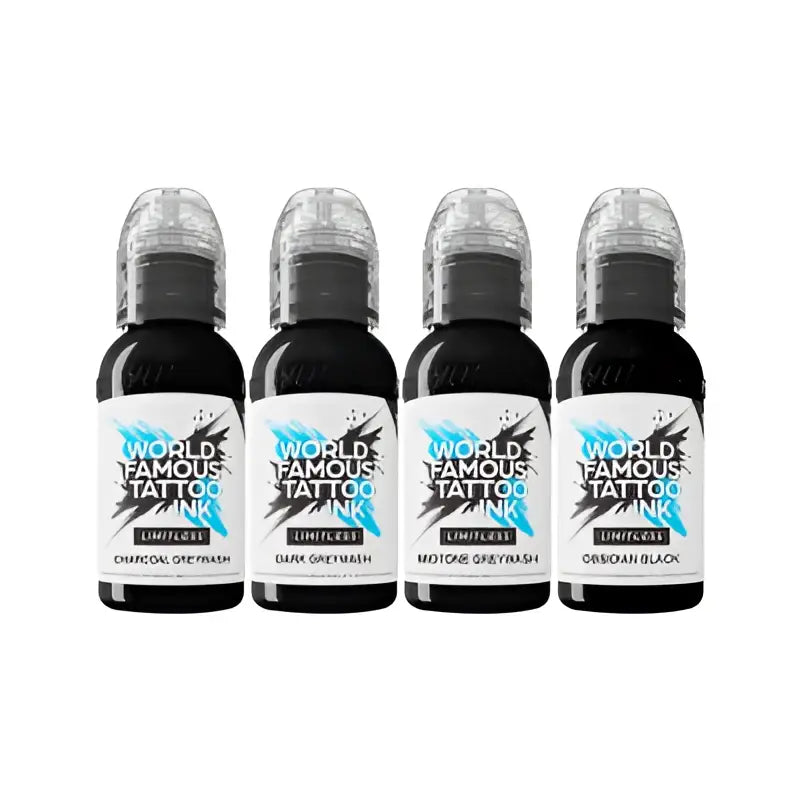 Fünf schwarze Flaschen world famous limitless Tattoo-Farben mit klaren Kappen, beschriftet für Linien- und Schattierarbeit