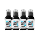 Five black bottles of world famous limitless tattoo ink with clear caps labeled for lining and shading use