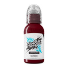 Eine elegante, transparente Flasche world famous limitless Tattoo-Farben im Burgunderrot, 30ml, für professionelles Tätowieren