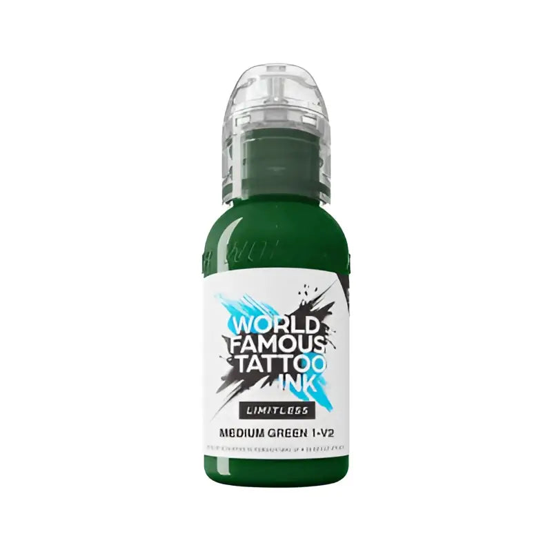 Eine kleine dunkelgrüne 30ml-Flasche world famous limitless Tattoo-Farben mittelgrün 1 2 mit transparenter Kunststoffkappe und Etikett