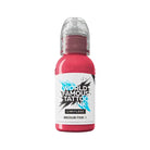 A vibrant pink world famous limitless tattoo ink bottle with clear plastic cap and bold black text label