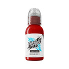 Eine leuchtend rote 30ml-Flasche mit world famous Limitless Tattoo-Farben, klarem rundem Verschluss und markantem schwarzem Textetikett