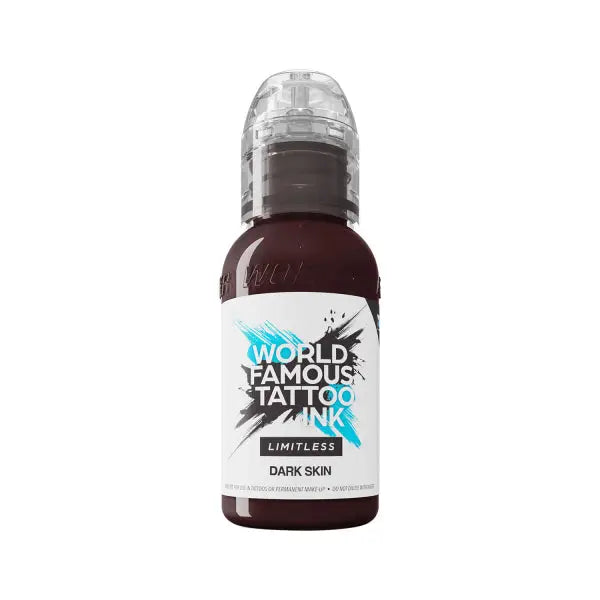Dark skin tattoo ink in a clear plastic bottle with transparent cap and white label from world famous limitless portrait set