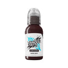 Dark skin tattoo ink in a clear plastic bottle with transparent cap and white label from world famous limitless portrait set