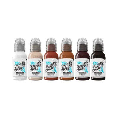 Set of six world famous limitless tattoo ink bottles in shades white to black with clear caps for portrait tattooing