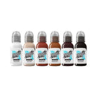 Set of six world famous limitless tattoo ink bottles in shades white to black with clear caps for portrait tattooing