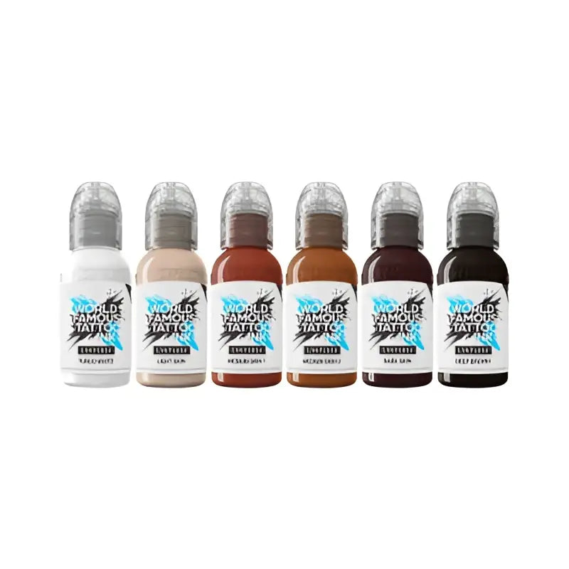 Set aus sechs world famous limitless Tattoo-Farbenflaschen in Weiß bis Schwarz mit transparenten Kappen für Porträt-Tattoos